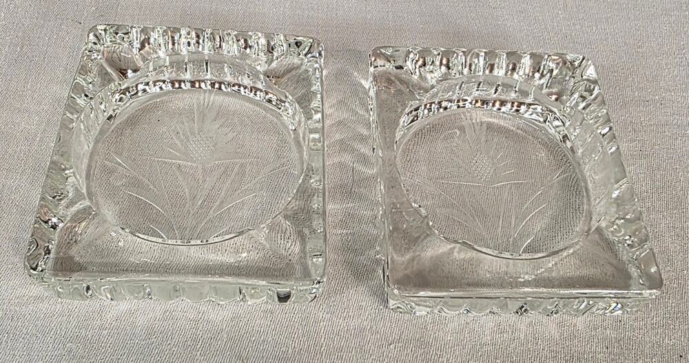 Pair of Vintage Etched Glass Ashtrays 3 1/2" x 2 3/4" Floral Design Retro MCM